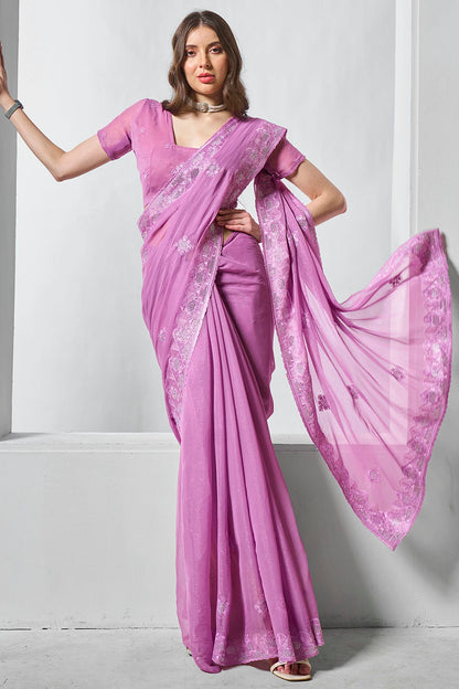 Purple Colour Shimmer Chiffon Designer Saree