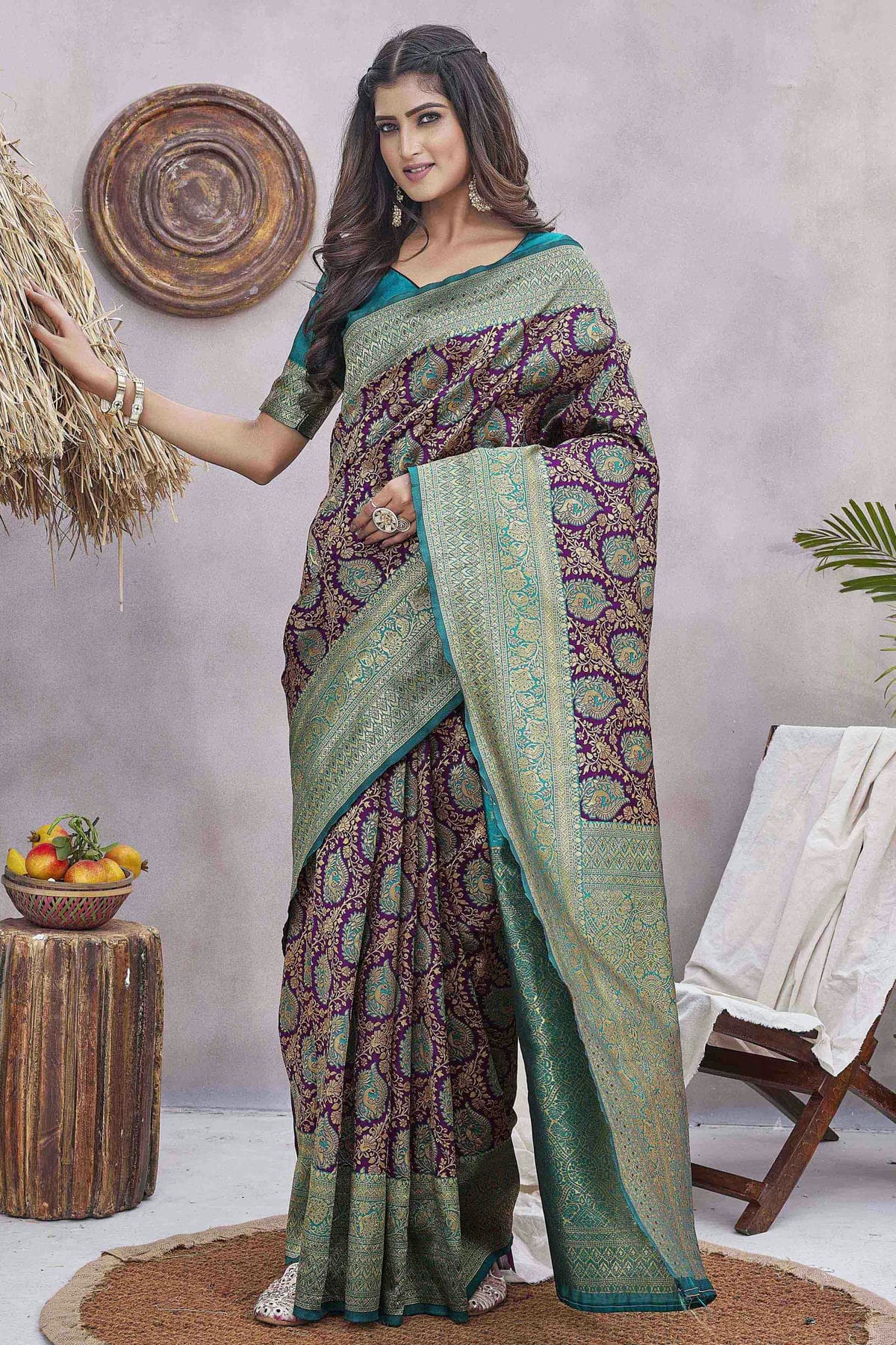 Purple Colour Silk Blend Traditional Saree