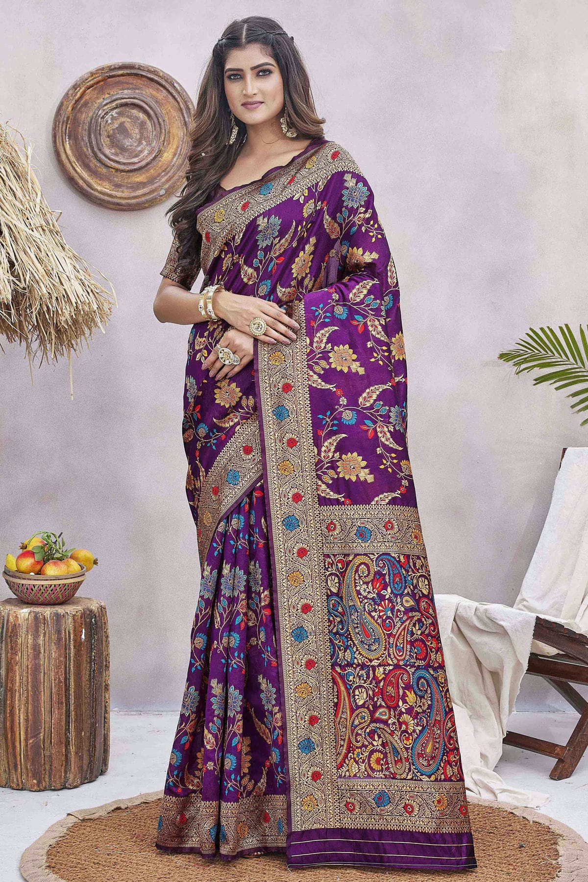 Purple Colour Silk Blend Traditional Saree