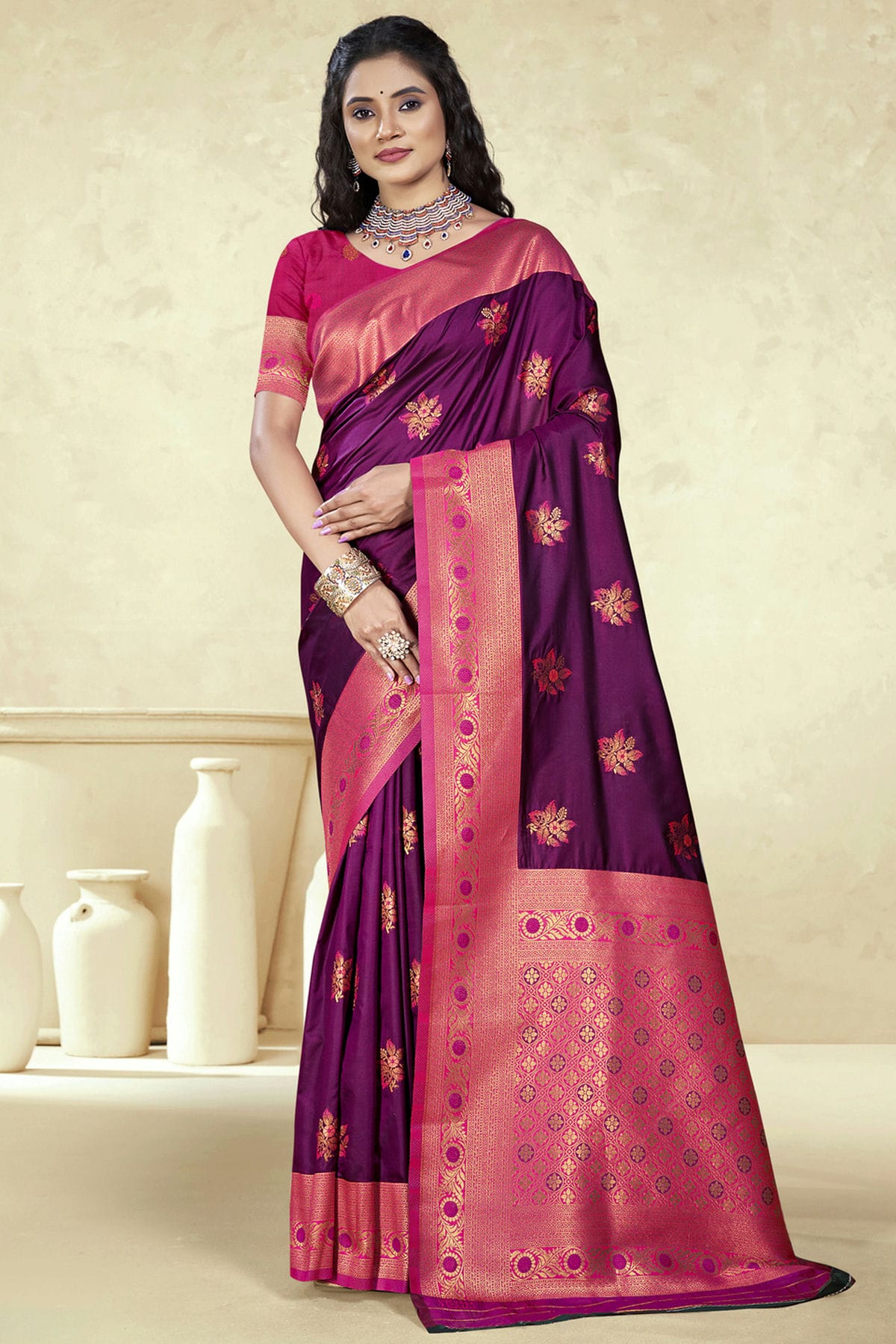 Purple Colour Silk Woven Work Traditional Saree