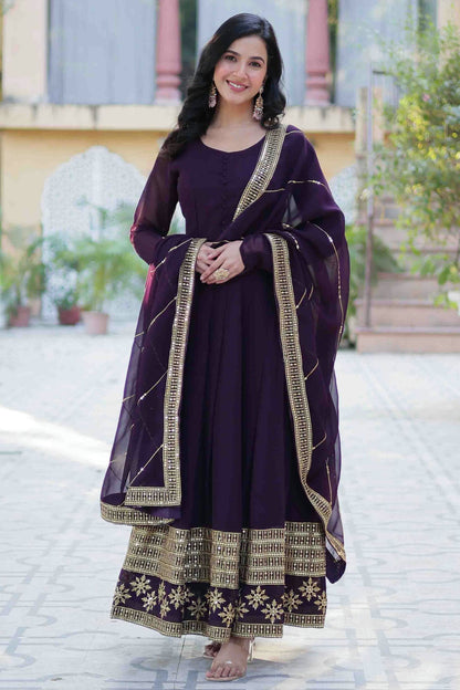 Purple Colour Stitched Faux Georgette Gown VSGW1112803