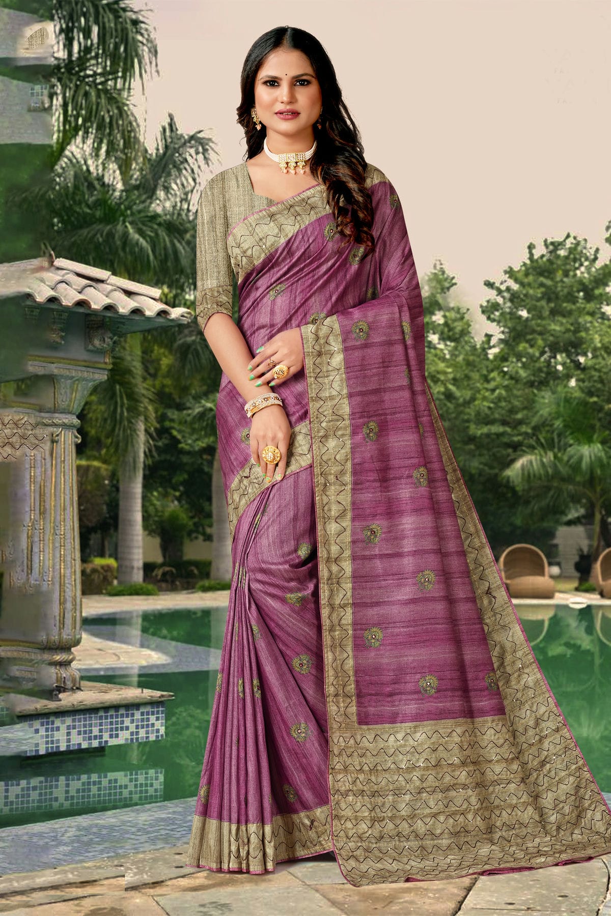 Purple Colour Tussar Silk Traditional Saree