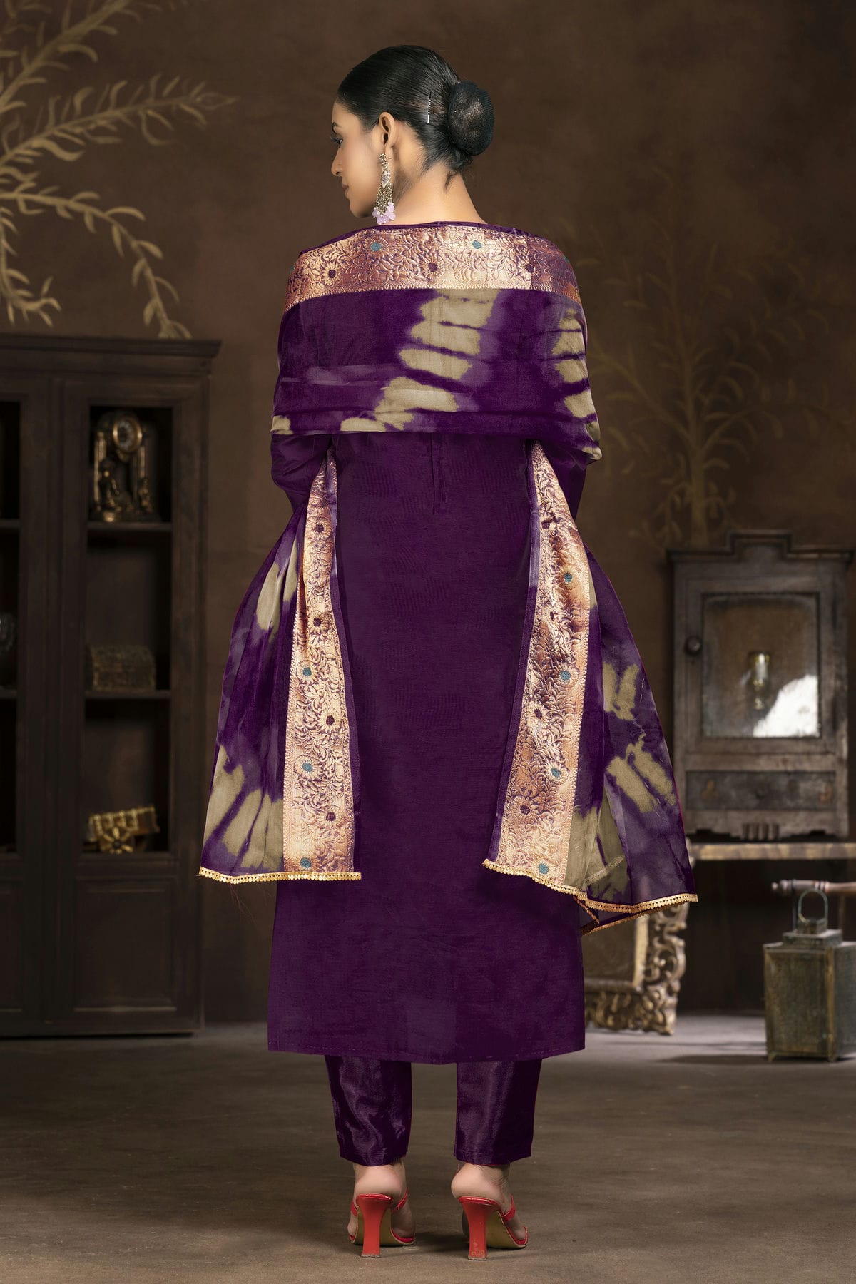 Purple Colour Unstitched Cotton Jacquard Pant Style Suit