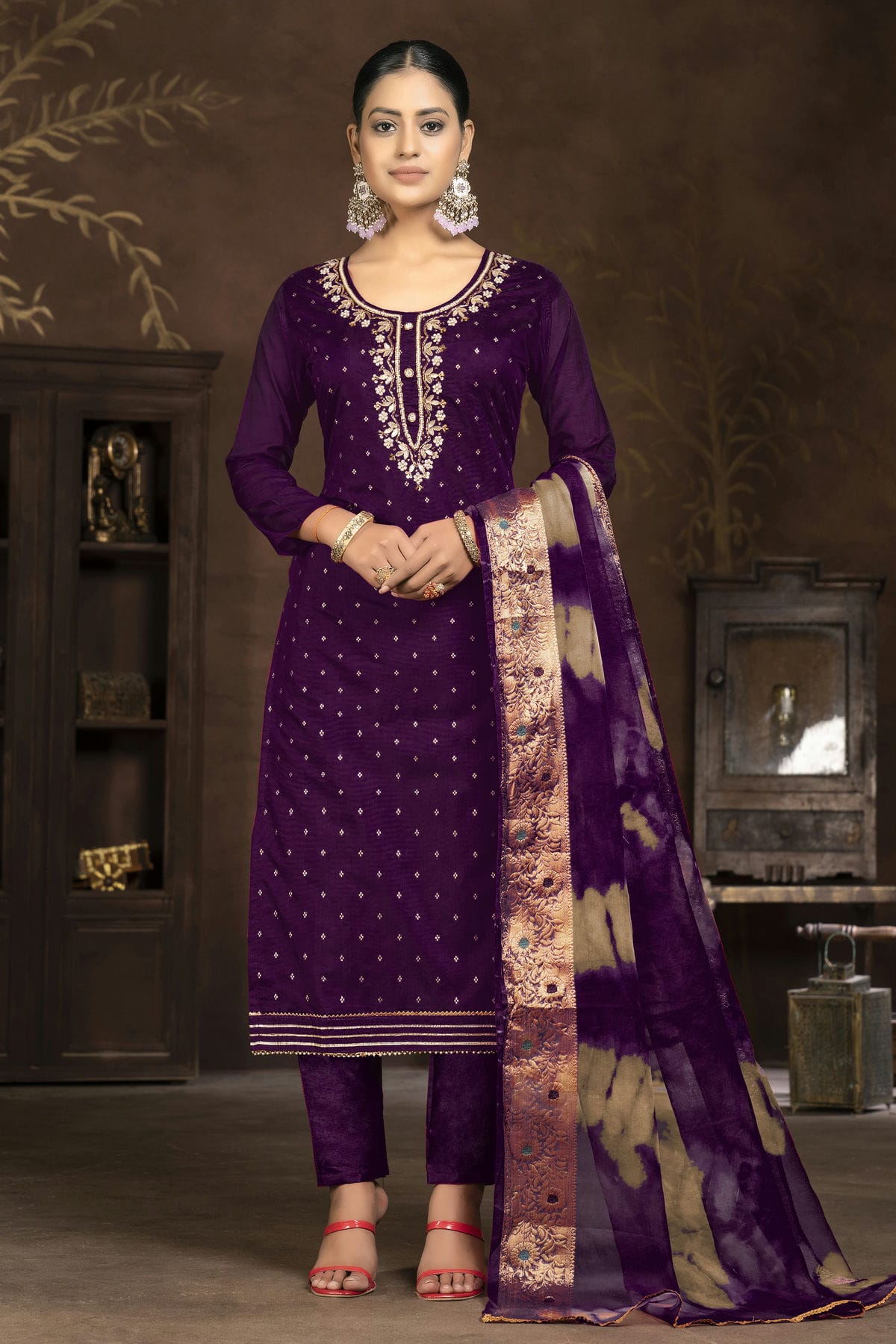 Purple Colour Unstitched Cotton Jacquard Pant Style Suit