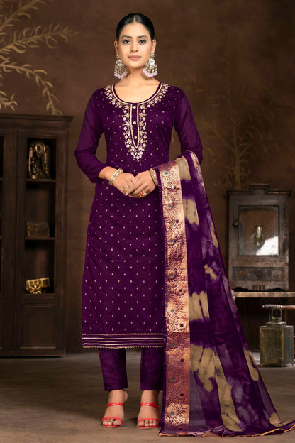 Purple Colour Unstitched Cotton Jacquard Pant Style Suit