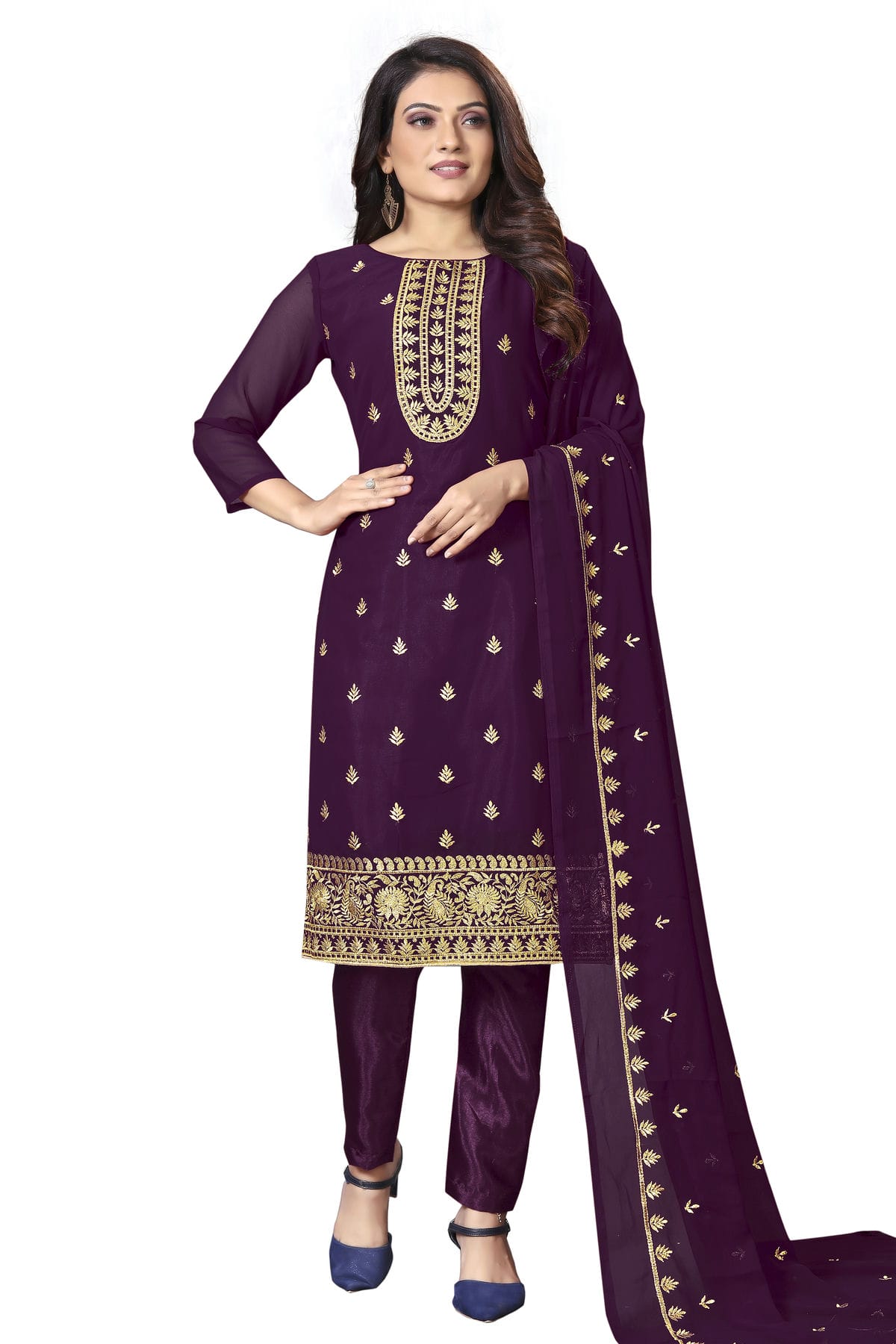 Purple Colour Unstitched Faux Georgette Straight Suit