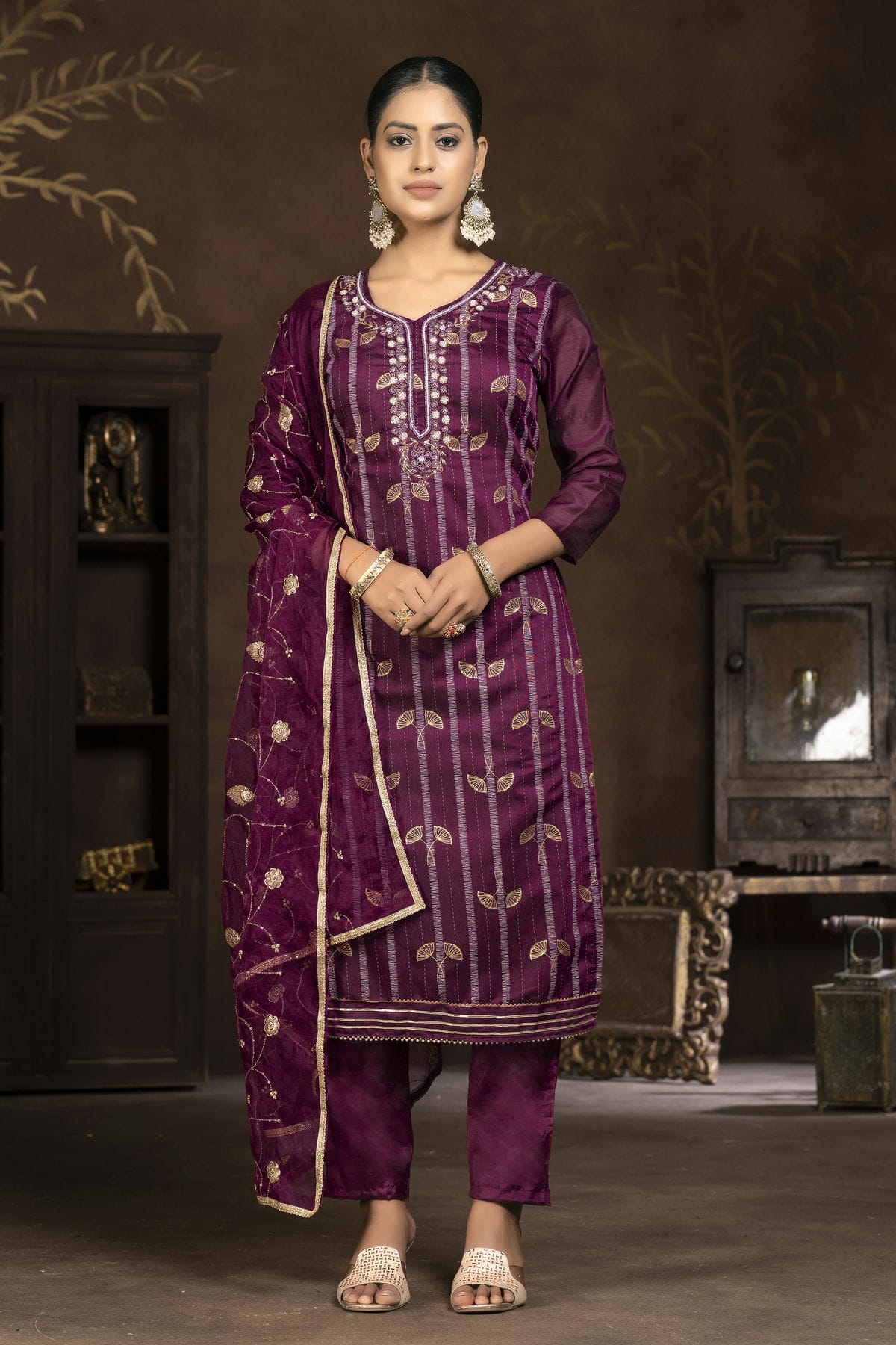 Purple Colour Unstitched Modal Cotton Jacquard Pant Style Suit