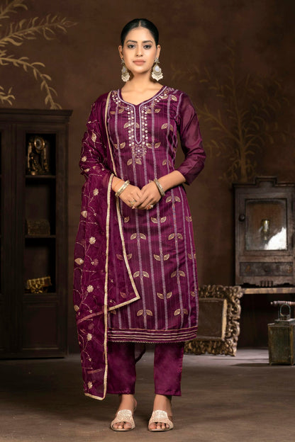 Purple Colour Unstitched Modal Cotton Jacquard Pant Style Suit