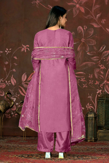 Purple Colour Unstitched Organza Jacquard Straight Suit