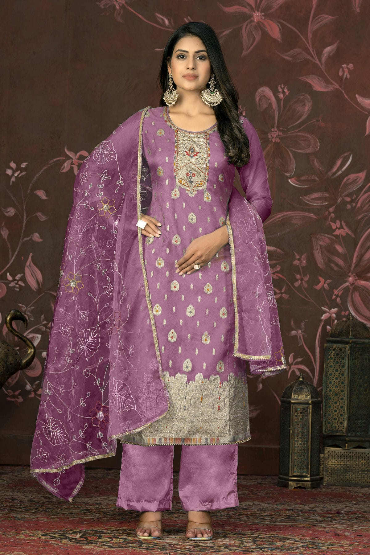 Purple Colour Unstitched Organza Jacquard Straight Suit