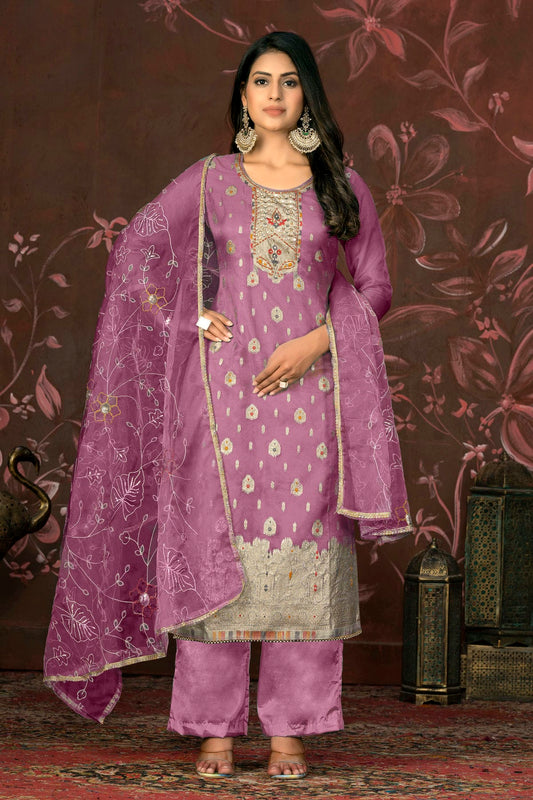 Purple Colour Unstitched Organza Jacquard Straight Suit