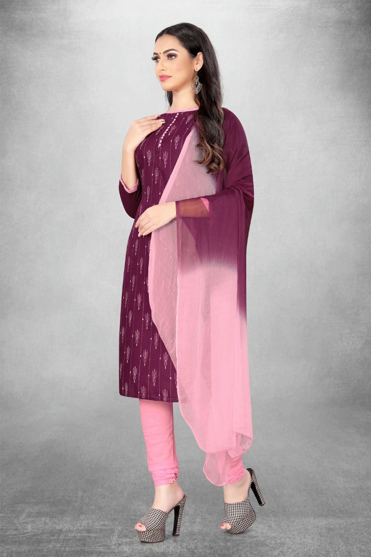 Purple Colour Unstitched Slub Cotton Churidar Suit