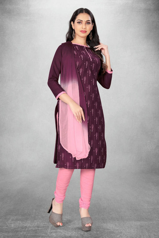 Purple Colour Unstitched Slub Cotton Churidar Suit