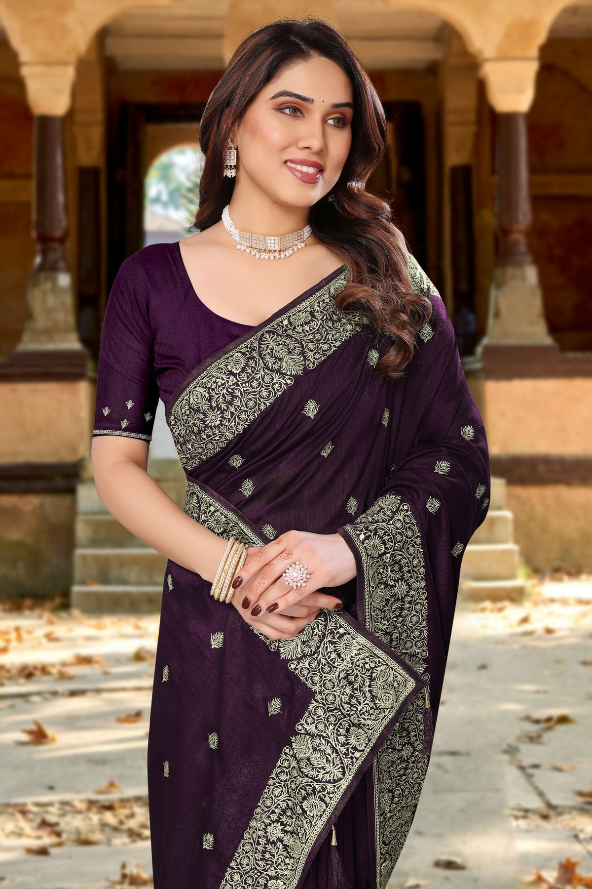 Purple Colour Vichitra Bloming Designer Saree