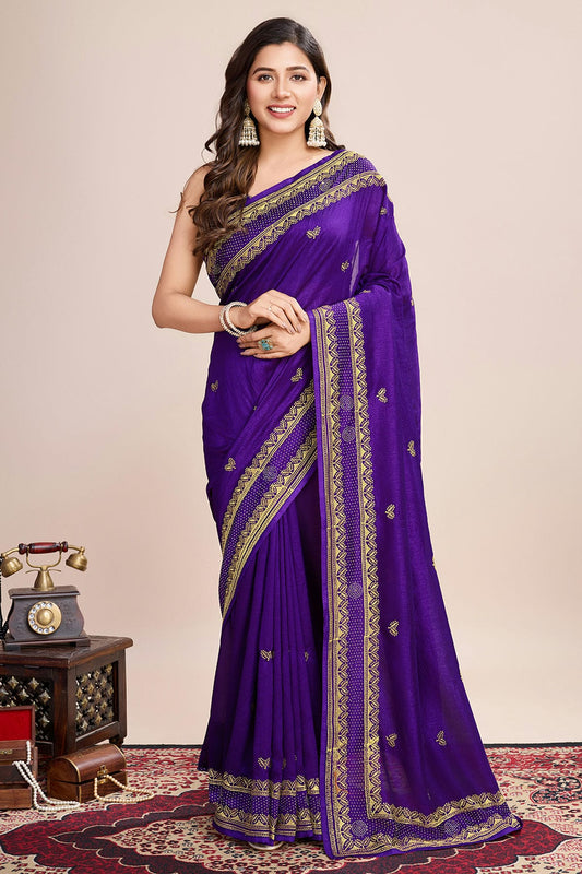 Purple Colour Vichitra Silk Designer Saree