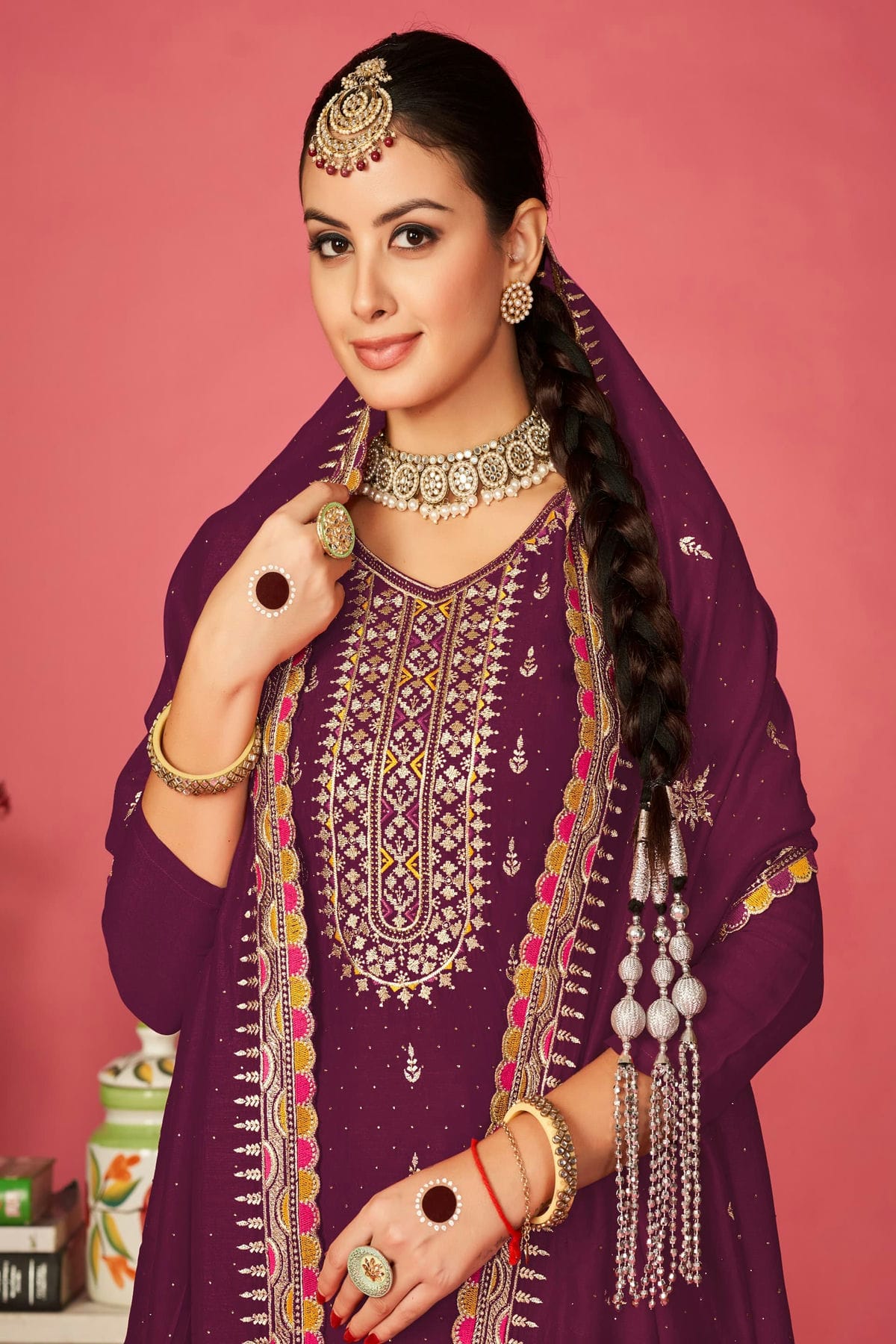 Purple Colour Vichitra Silk Pant Style Suit