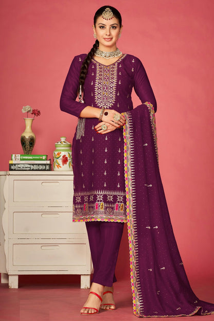 Purple Colour Vichitra Silk Pant Style Suit