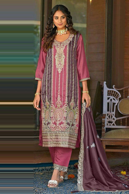 Purple Colour Vichitra Silk Straight Suit