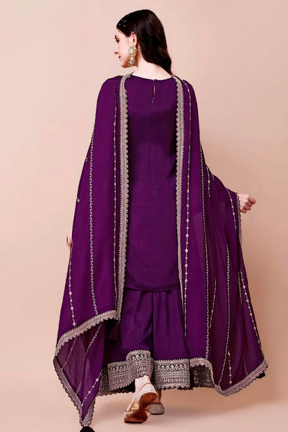 Purple Colour Viscose Chinon Sharara Suit