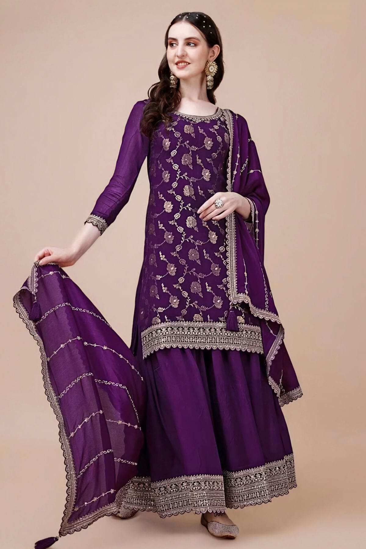 Purple Colour Viscose Chinon Sharara Suit