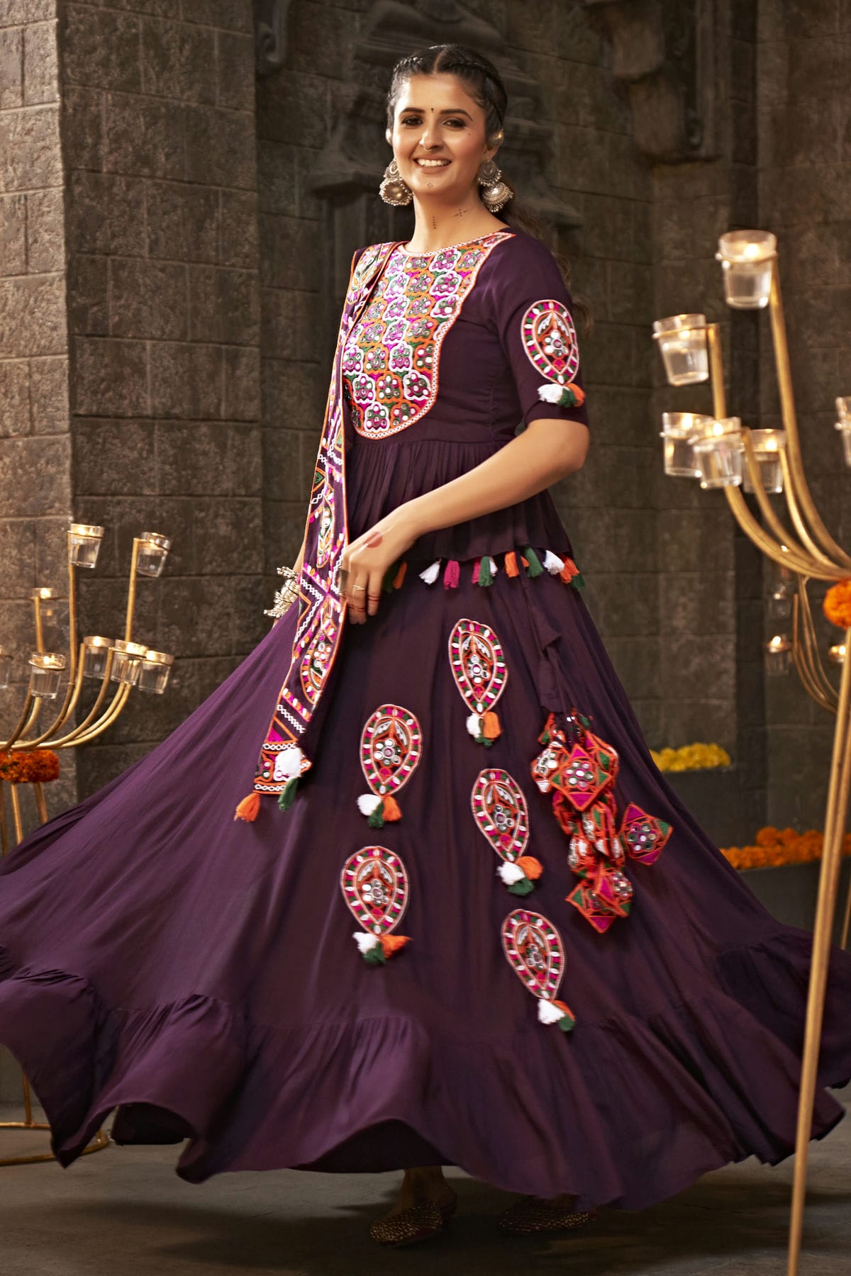 Purple Colour Viscose Rayon Navratri Lehenga