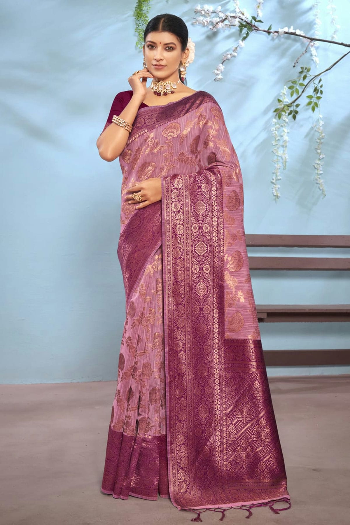 Purple Colour Woven Work Cotton Saree