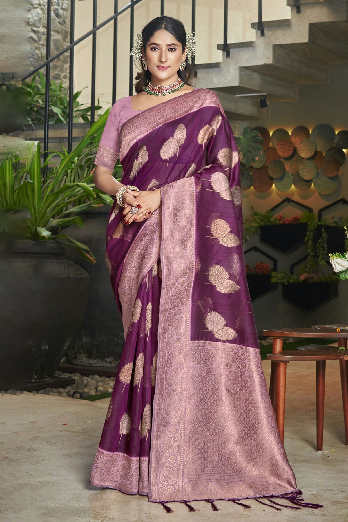 Purple Colour Woven Work Cotton Saree