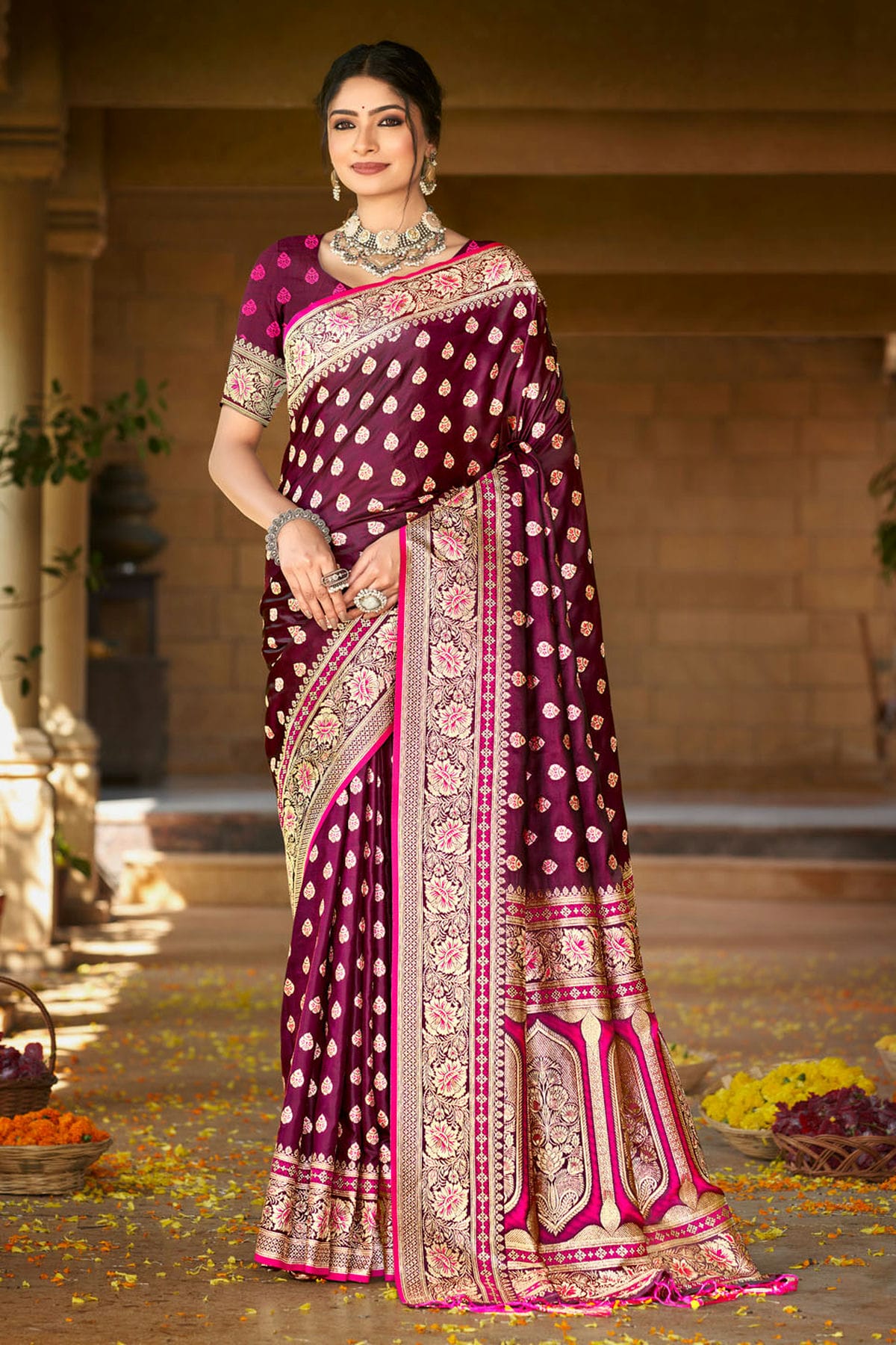 Purple Colour Woven Work Satin Silk Saree