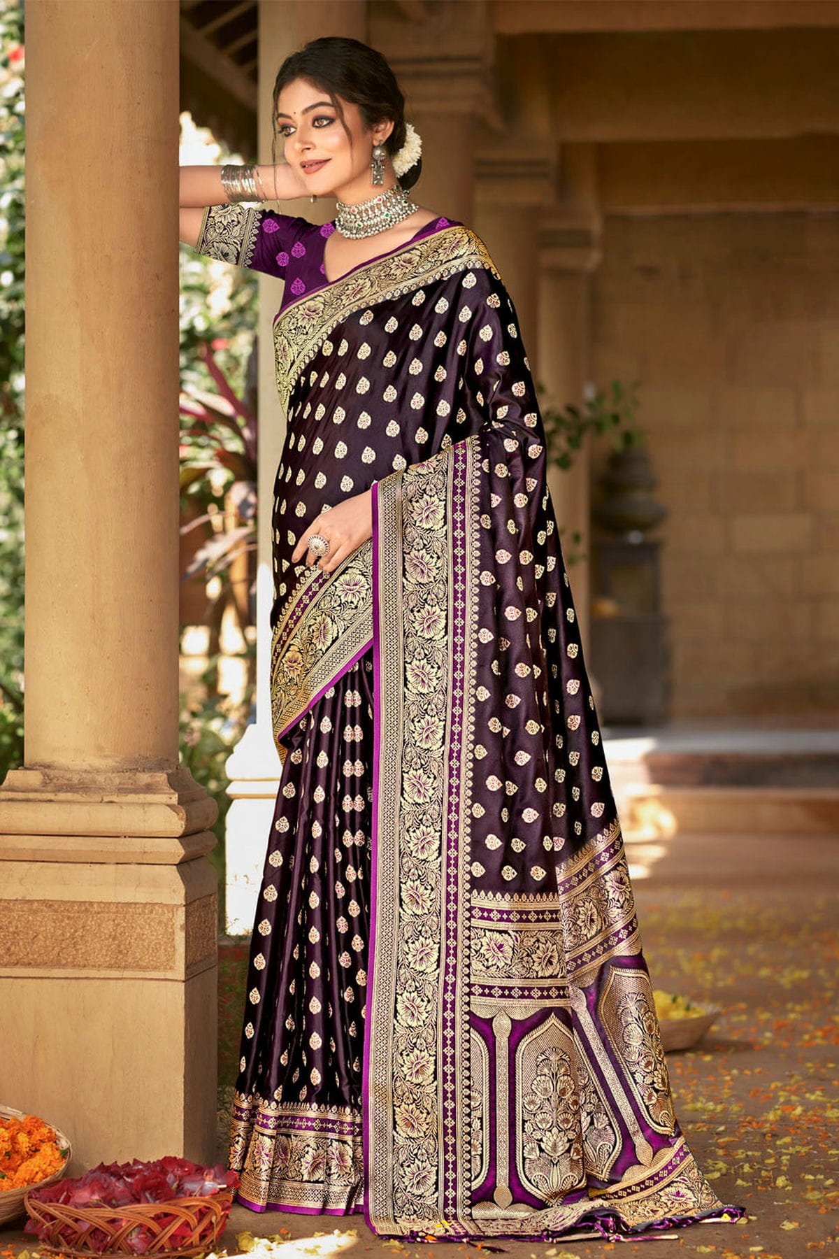 Purple Colour Woven Work Satin Silk Saree