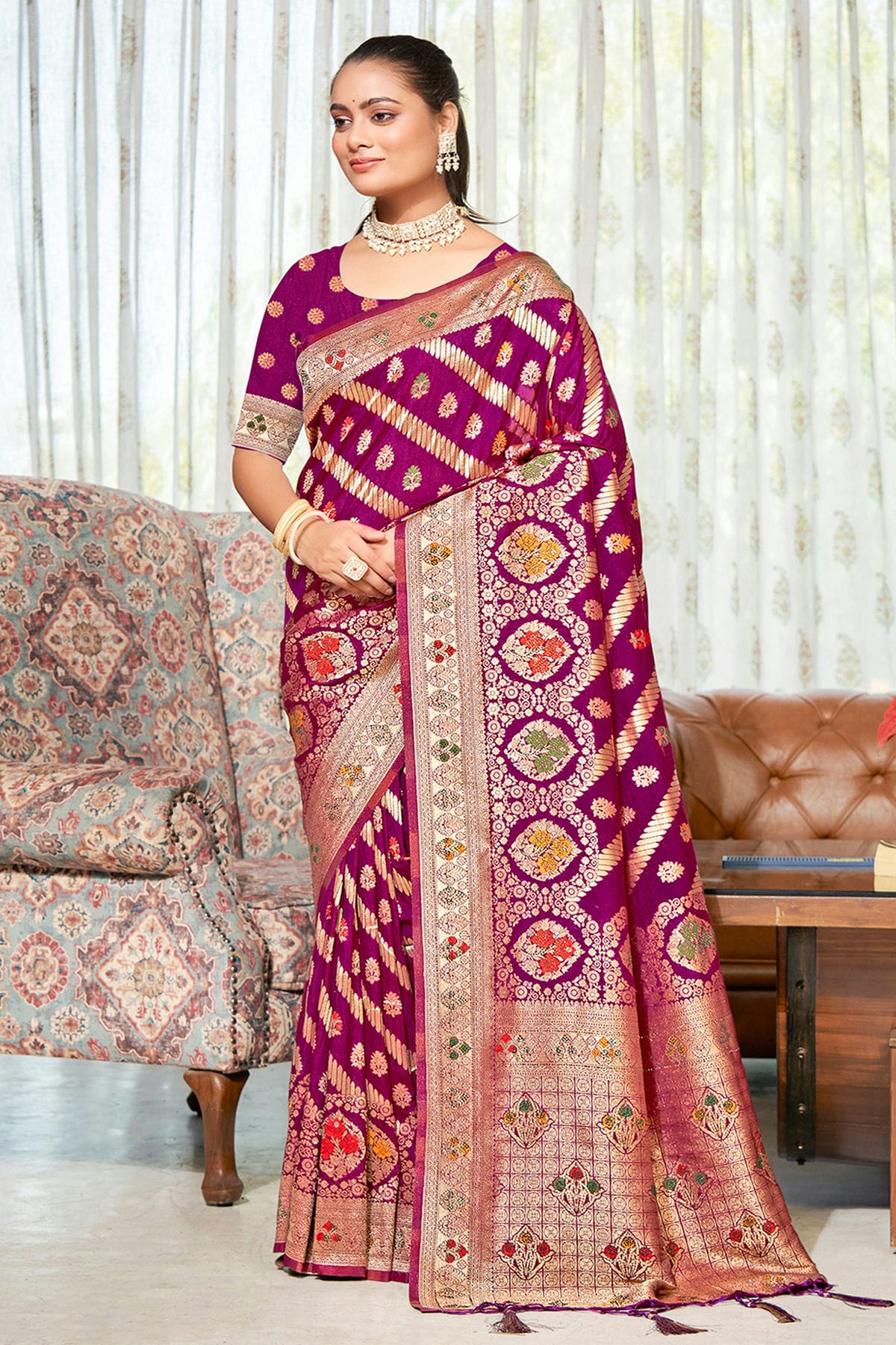 Purple Colour Woven Work Silk Saree