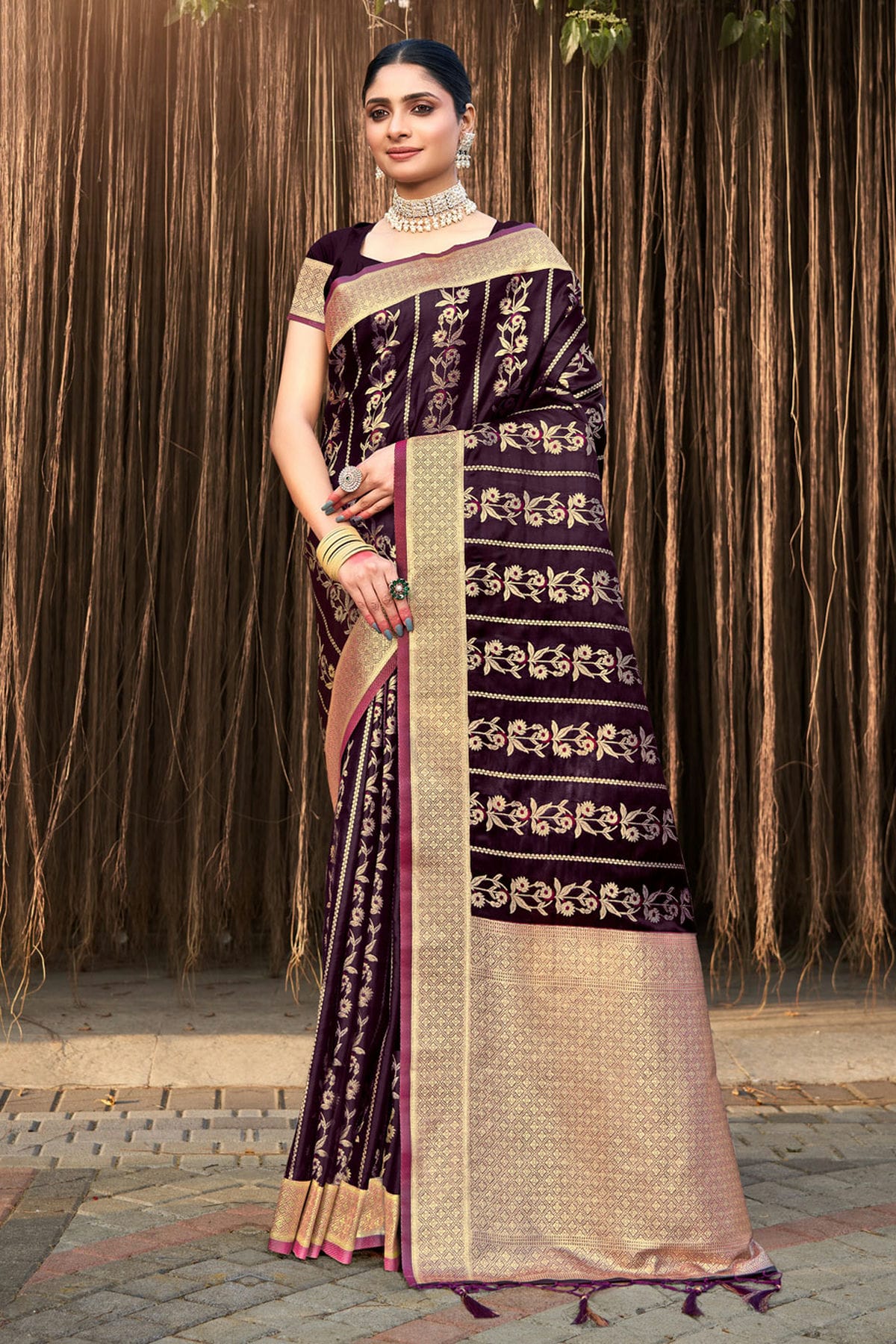 Purple Colour Woven Work Stain Silk Saree