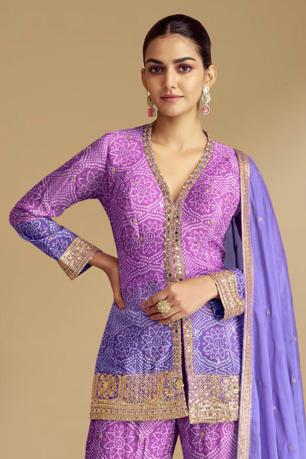 Purple and Blue Colour Chinon Sharara Suit VSSM1140527