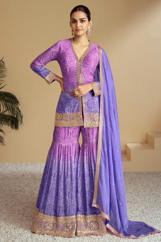 Purple and Blue Colour Chinon Sharara Suit