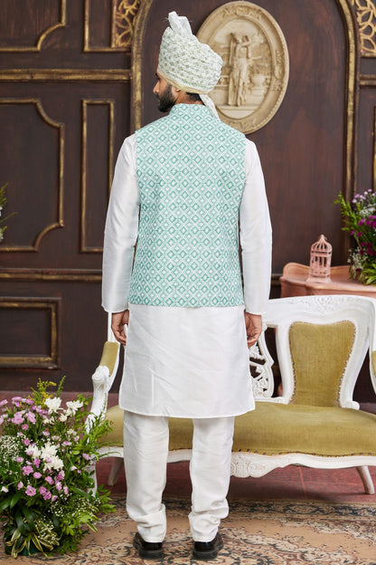 Rama Green Colour Art Silk Kurta Pajama With Jacket VSKP1230261