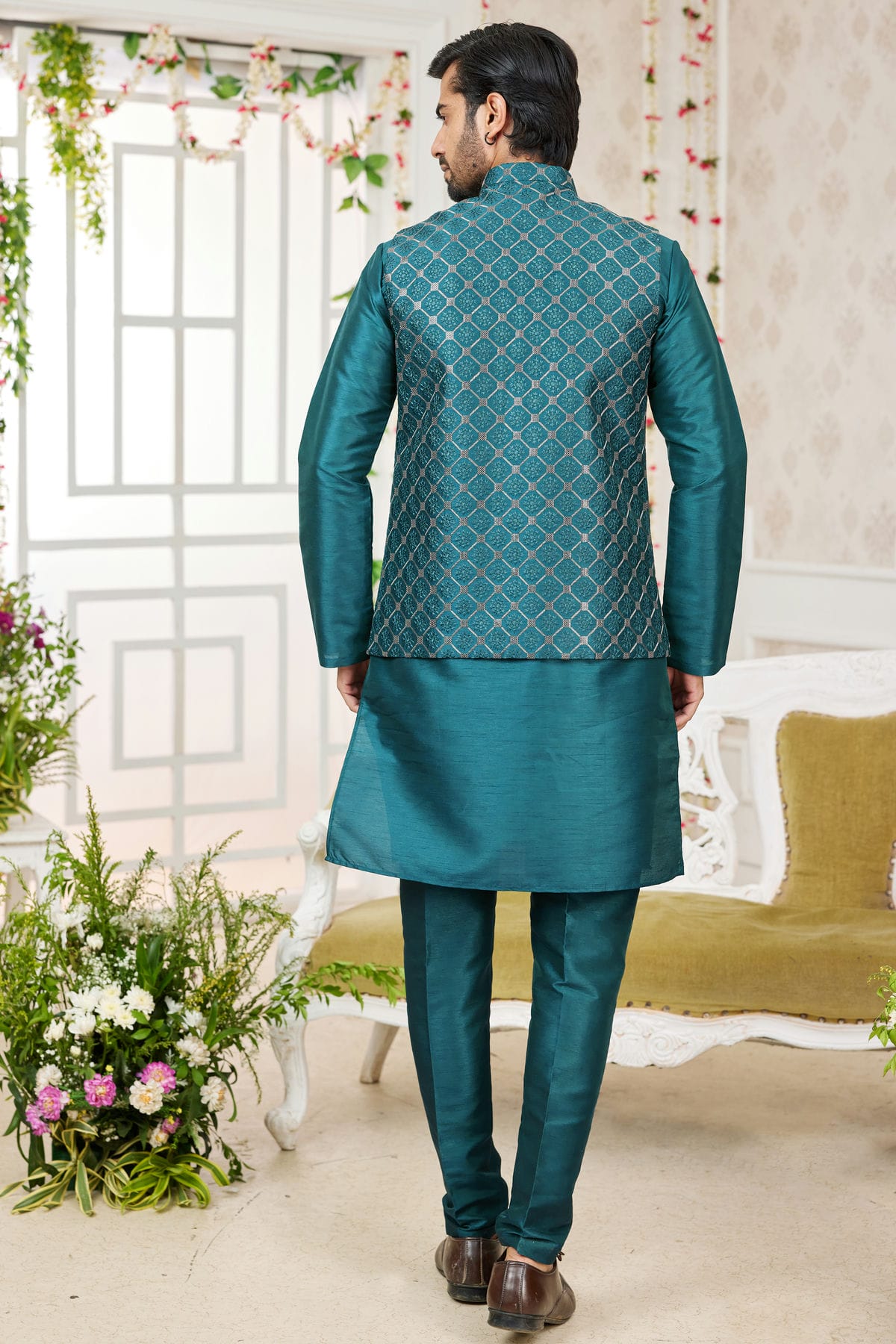 Rama Green Colour Art Silk Kurta Pajama With Jacket VSKP1230277