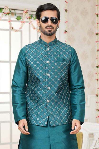 Rama Green Colour Art Silk Kurta Pajama With Jacket VSKP1230277