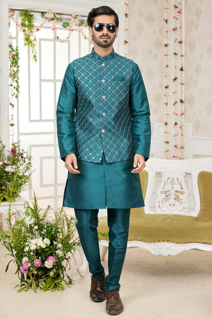 Rama Green Colour Art Silk Kurta Pajama With Jacket