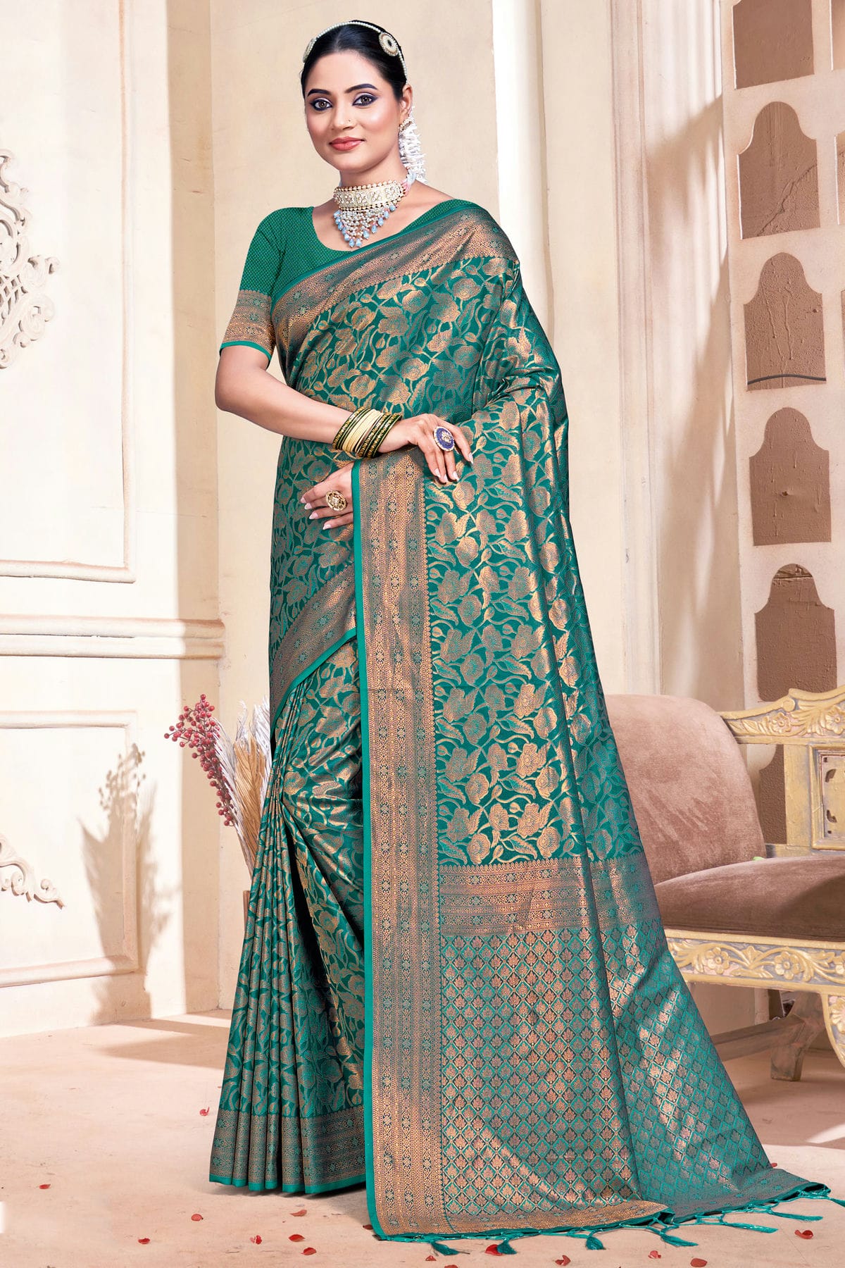 Rama Green Colour Banarasi Silk Traditional Saree