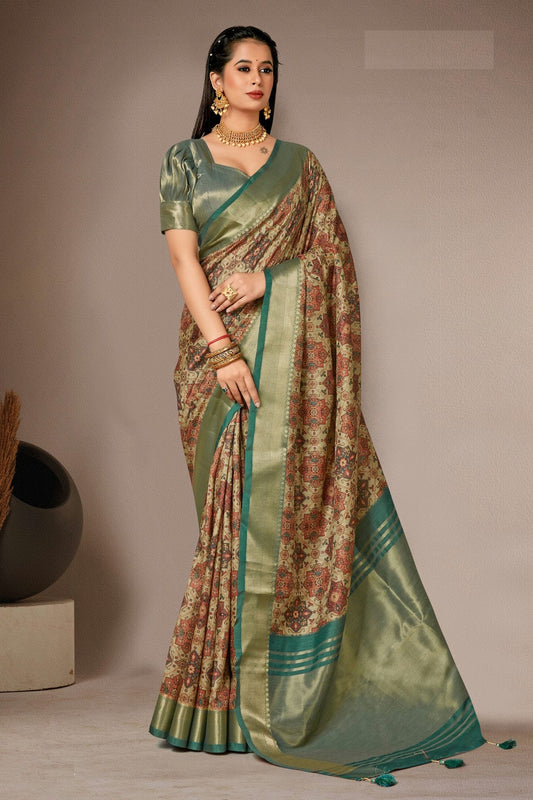 Rama Green Colour Bhagalpuri Silk Printed Saree