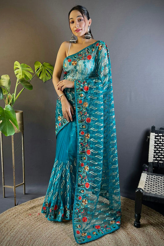 Rama Green Colour Butterfly Net Designer Saree