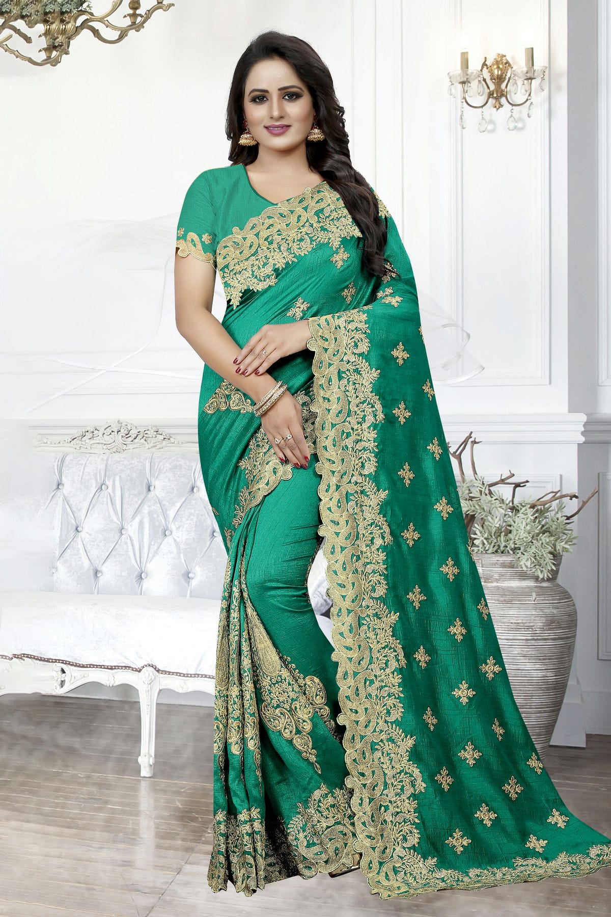 Rama Green Colour Cherry Silk Designer Saree