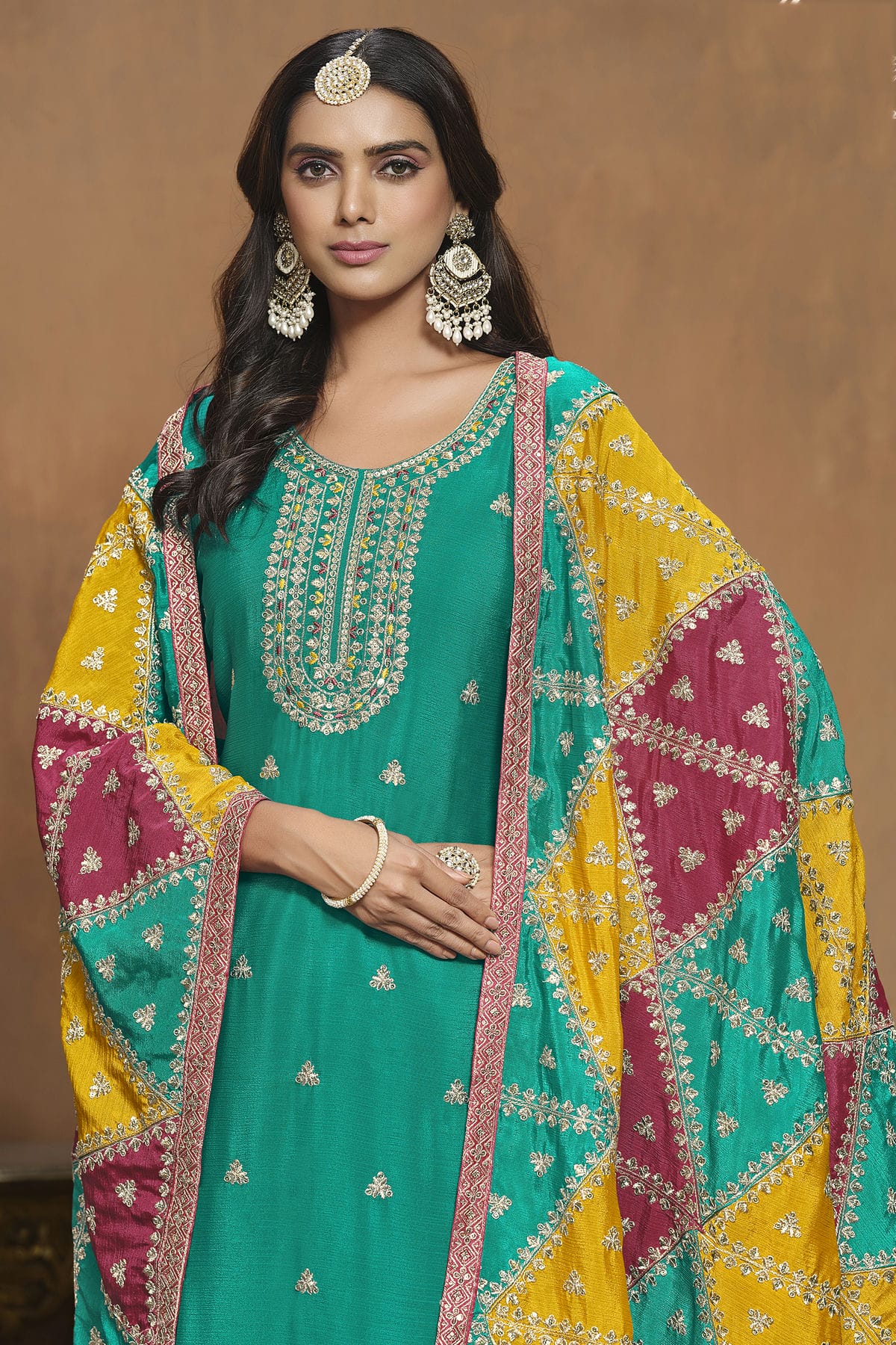 Rama Green Colour Chinon Semi Stitched Pant Style Suit