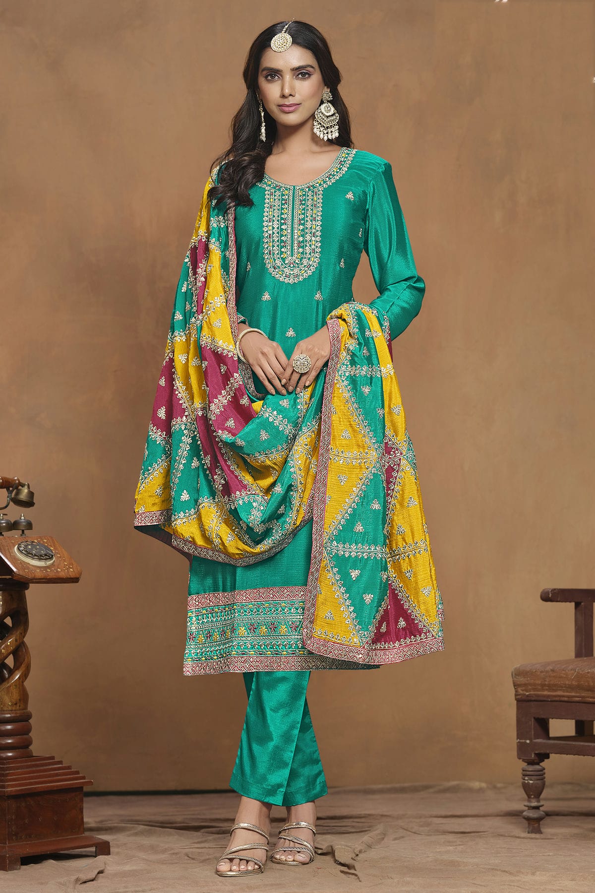 Rama Green Colour Chinon Semi Stitched Pant Style Suit