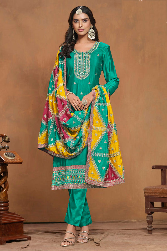 Rama Green Colour Chinon Semi Stitched Pant Style Suit