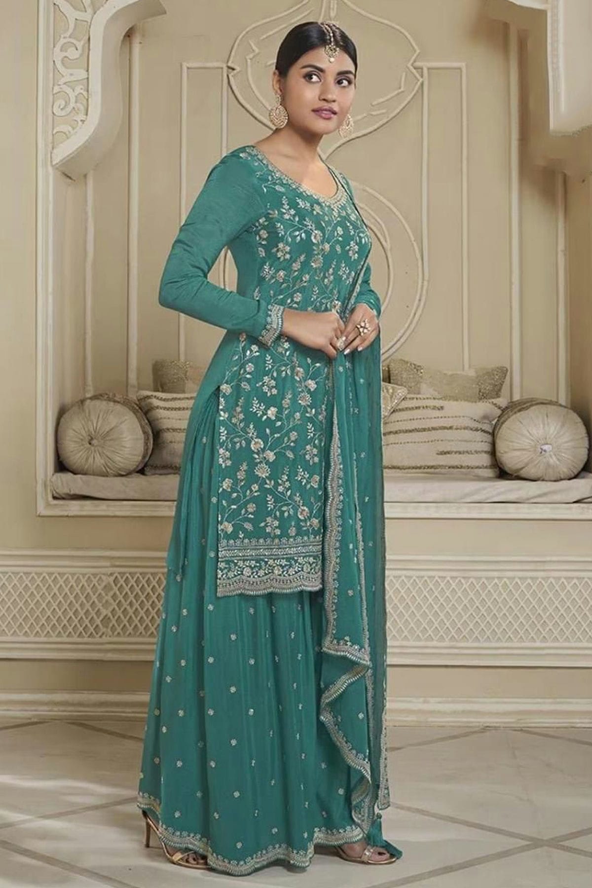 Rama Green Colour Chinon Sharara Suit