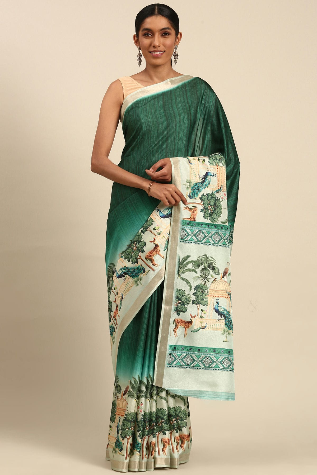 Rama Green Colour Cotton Digital Printed Printed Saree