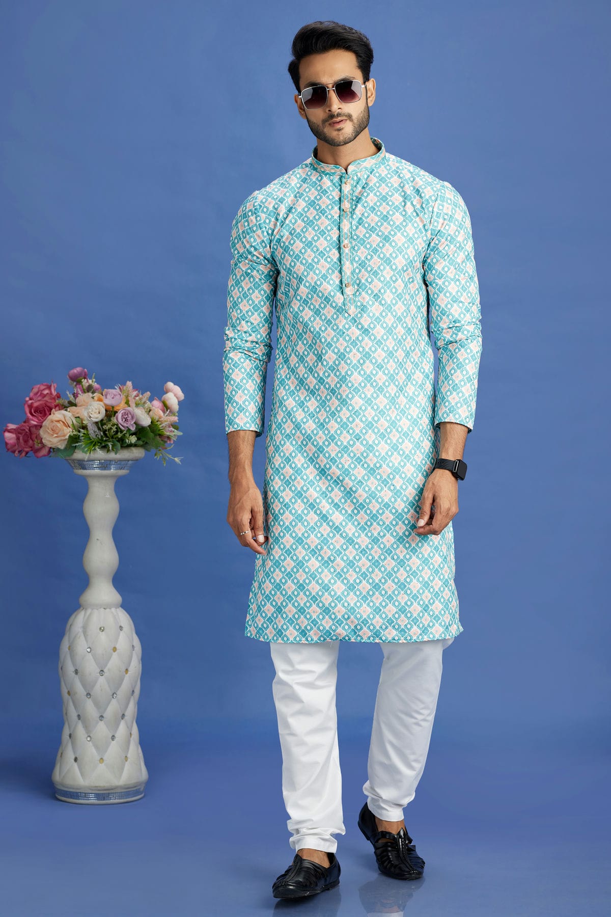 Rama Green Colour Cotton Pintex Work Kurta Pajama VSKP1230165