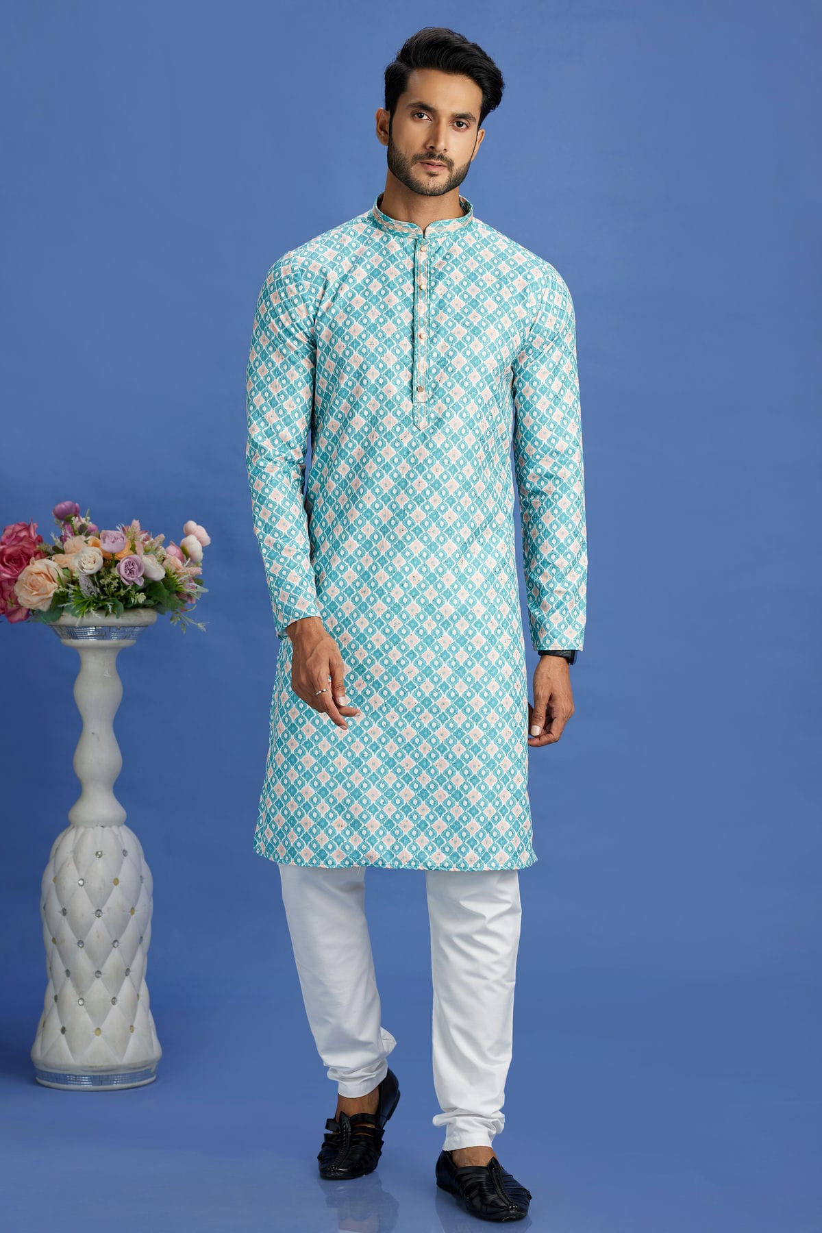 Rama Green Colour Cotton Pintex Work Kurta Pajama