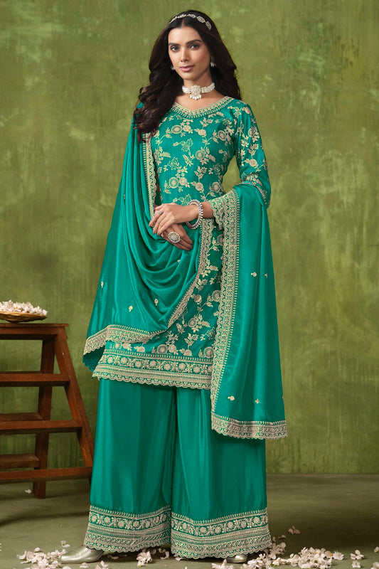 Rama Green Colour Dola Silk Jacquard Palazzo Pant Suit