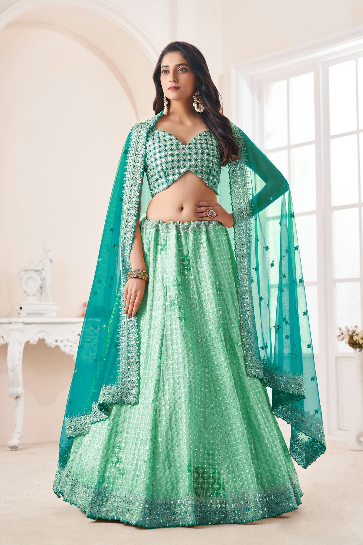 Rama Green Colour Embroidery Georgette Lehenga Choli